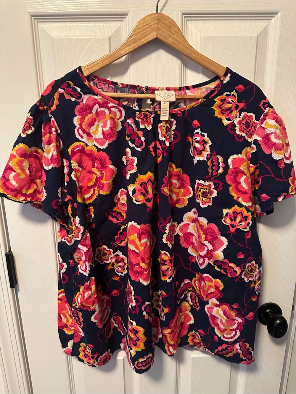 St. John's Bay Navy Floral Short-Sleeve Top - Pink & Yellow Blooms